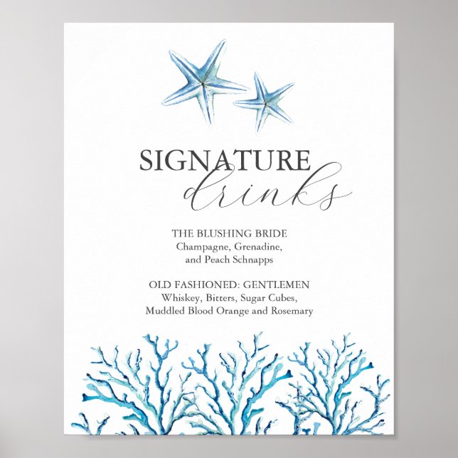 Affiche Barre de Mariage de plage Signal Aquarelle Starfis (Devant)