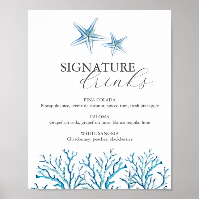 Affiche Barre de Mariage de plage Signal Aquarelle Starfis (Devant)