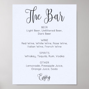 Affiche Barre de mariage de script simple bleu. Boissons a