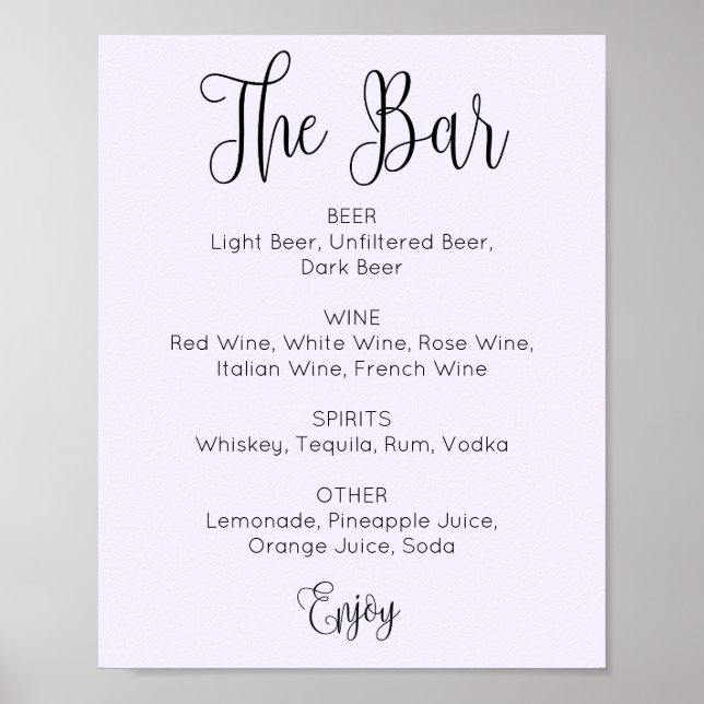 Affiche Barre de mariage de script simple violet. Boissons (Devant)