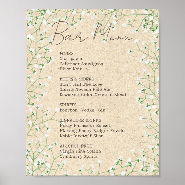 Affiche Barre de Mariage Floral Rustic Baby's Breath Menu  (Devant)
