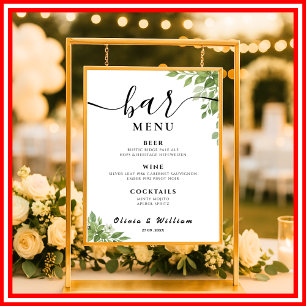 Affiche Barre Feuilles Vert Sage Menu Mariage Signature Bo