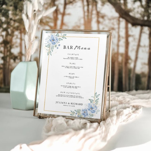 Affiche Barre Mariage bleu Menu Signer Modèle (Blue Wedding Bar Menu Sign Template)