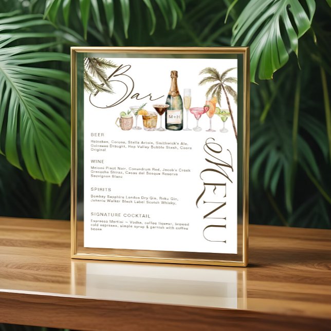 Affiche Barre Mariage de cocktails Tropical Watercolor Men (Tropical Watercolor Cocktails Wedding Bar Menu Poster)