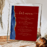 Affiche Barre mariage Menu Marine Blue Gold Agate Bourgogn<br><div class="desc">Un panneau élégant pour votre menu de bar mariage. Les mots "menu barre" apparaissent dans la calligraphie d'écriture manuscrite couleur or avec des swashes au début et à la fin, avec le texte personnalisable ci-dessous. Une aquarelle bleu marine ornée d'une parties scintillant en faux or orne la bordure gauche d'un...</div>
