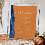 Affiche Barre mariage Menu Marine Blue Gold Agate Rust<br><div class="desc">Un panneau élégant pour votre menu de bar mariage. Les mots "menu barre" apparaissent dans la calligraphie d'écriture manuscrite couleur or avec des swashes au début et à la fin, avec le texte personnalisable ci-dessous. Une aquarelle bleu marine ornée d'une parties scintillant en faux or orne la bordure gauche sur...</div>