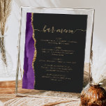 Affiche Barre mariage Menu Purple Gold Agate Dark<br><div class="desc">Un panneau élégant pour votre menu de bar mariage. Les mots "menu barre" apparaissent dans la calligraphie d'écriture manuscrite couleur or avec des swashes au début et à la fin, avec le texte personnalisable ci-dessous. Une aquarelle mauve décorée d'une fausse parties scintillant dorée orne la bordure gauche sur un arrière...</div>