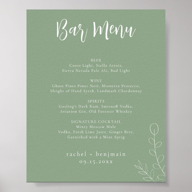 Affiche Barre Menu Mariage Sage Vert Botanique Minimal (Devant)
