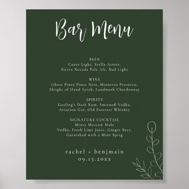 Affiche Barre Menu Mariage Sage Vert Botanique Minimal (Devant)