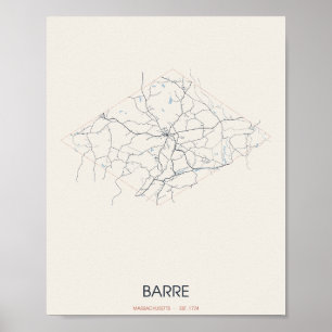 Affiche Barre, plan de rue de Massachusetts – Fondée en 17