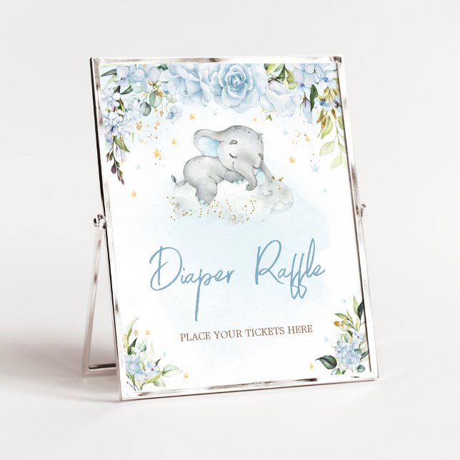 Affiche Barreau bleu Baby shower floral (Blue Floral Sleeping Elephant Baby Shower Diaper Raffle Sign)