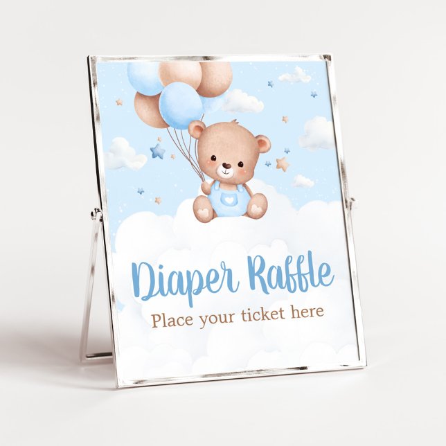 Affiche Barreau bleu Baby shower Ours Teddy Raffin (Blue Boy Teddy Bear Clouds Balloon Baby Shower Sign)