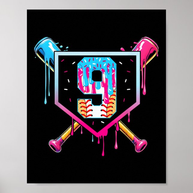 Affiche Baseball 9 Year Old Ice Cream Drip 9th Birthday Bo (Devant)