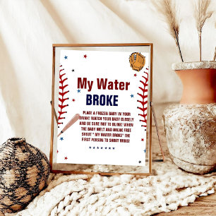 Affiche Baseball Mon eau a cassé Baby shower Jeu signe