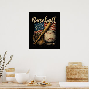 Affiche Baseball Patriotique Drapeau Américain Sport Vinta