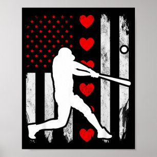 Affiche Baseball Silhouette Cœur Drapeau Américain États-U