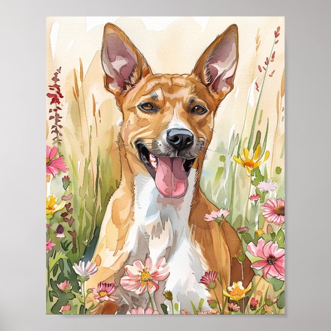 Affiche Basenji Aquarelle Chien Art - Joyeux Portrait Flor (Devant)