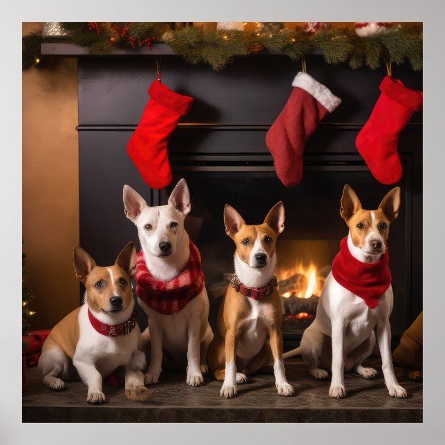 Affiche Basenji au coin du feu Noël (Devant)