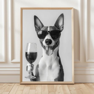 Affiche Basenji Buvant du Vin Art Mural, Noir et Blanc