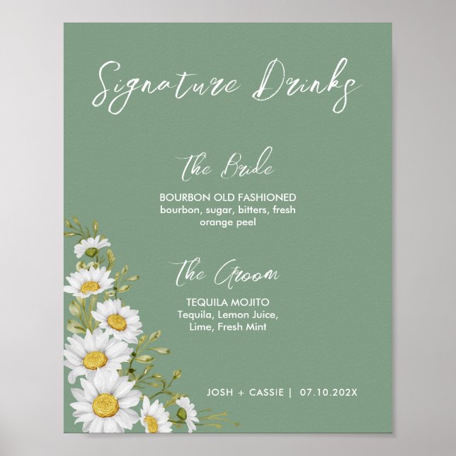 Affiche Basil Green & White Daisies Signature Boissons (Devant)