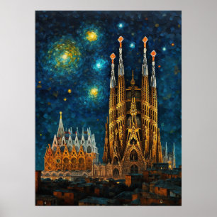 Affiche Basilique de Barcelone Sagrada Família Nuit étoilé