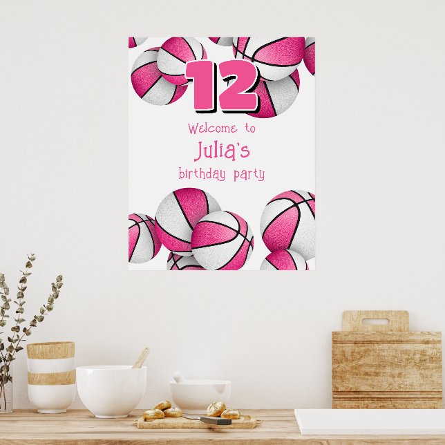 Affiche basket blanc rose filles fête d'anniversaire (Cuisine)