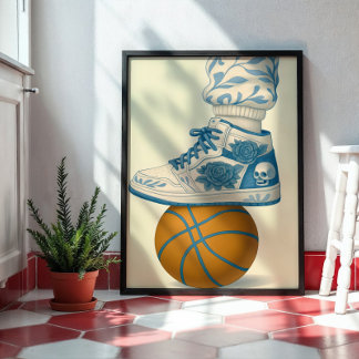 Affiche Basket de crâne floral bleu sur Basketball