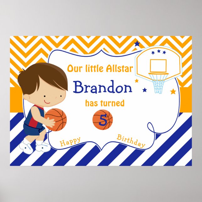 Affiche Basketball mignonne Brunette Boy Anniversaire (Devant)