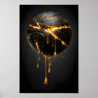 Affiche Basketball noir fissuré avec de l'or liquide qui c