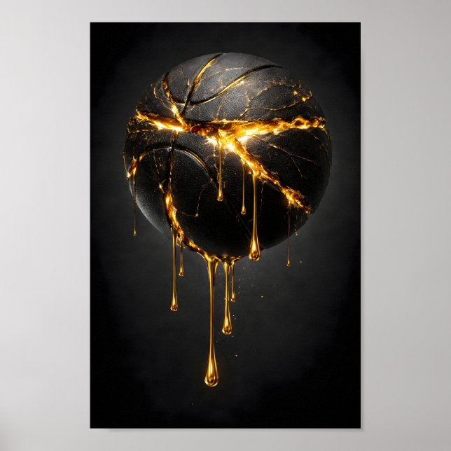 Affiche Basketball noir fissuré avec de l'or liquide qui c (Devant)