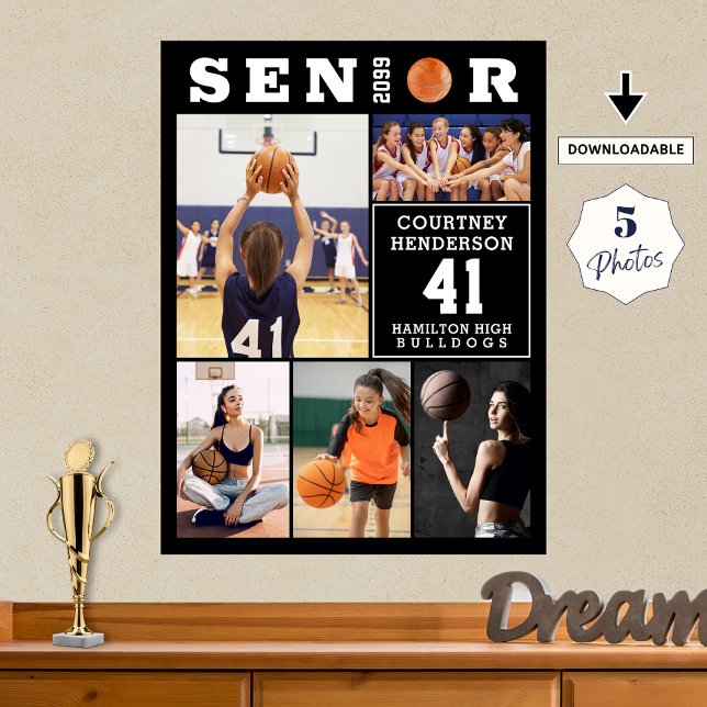 Affiche Basketball Senior Graduation 5 Photo Collage (Créateur téléchargé)