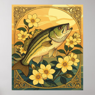 Affiche Basse Basse Écarté Poisson Rocheuse Et Fleurs Jaun