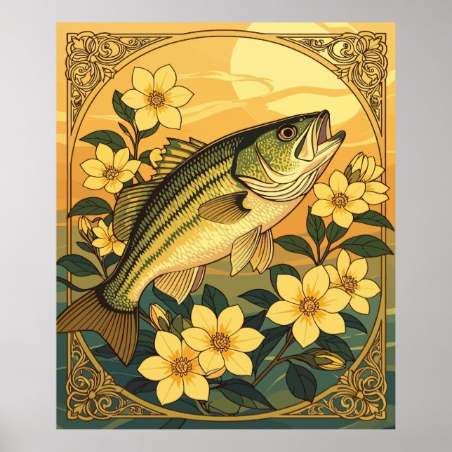 Affiche Basse Basse Écarté Poisson Rocheuse Et Fleurs Jaun (Devant)