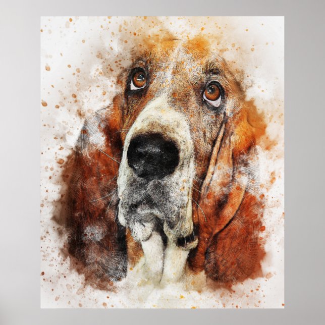 Affiche Basset hound aquarelle peinture (Devant)