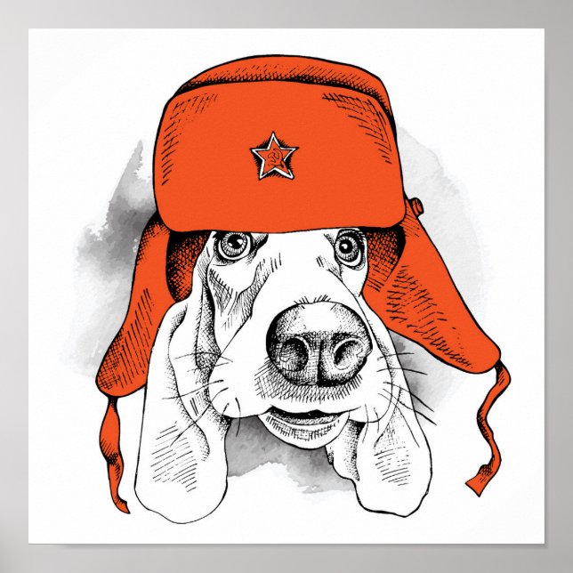 Affiche Basset Hound | Casquette rouge Ushanka (Devant)