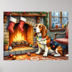 Affiche Basset Hound Cheminée avec Lumières de Noël