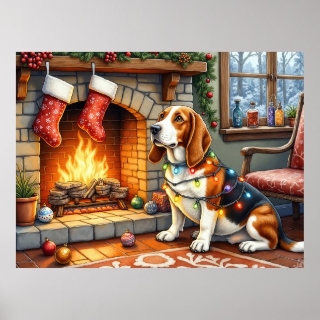 Affiche Basset Hound Cheminée avec Lumières de Noël (Devant)