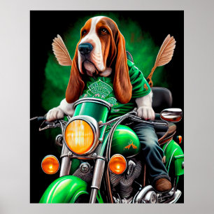 Affiche Basset Hound Chien conduisant vélo St. Patrick's D