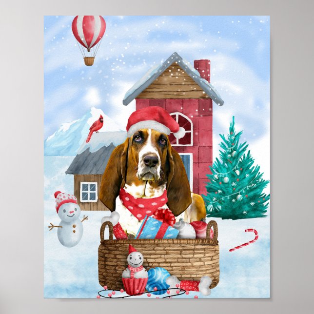 Affiche Basset Hound Chien dans la neige Maison de Chien d (Devant)