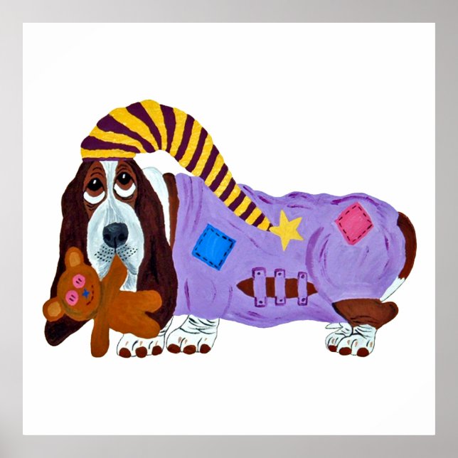 Affiche Basset Hound en pyjama avec ours en peluche (Devant)