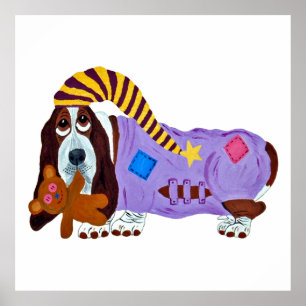 Affiche Basset Hound en pyjama avec un ours en peluche