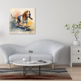 Affiche Basset Hound équitation skateboard