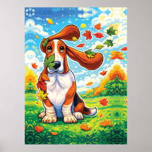 Affiche Basset Hound joueur Feuilles d'automne Dessin anim