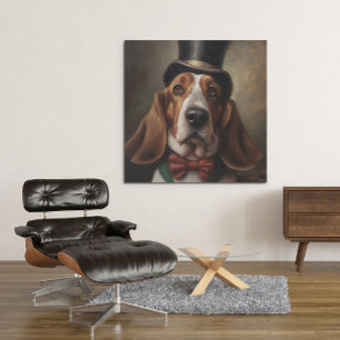 Affiche Basset Hound portant haut de forme et noeud papill