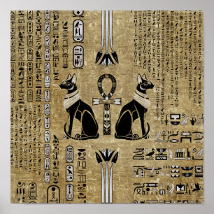 Affiche Bastet - Chats Égyptiens Et Croix D'Ankh