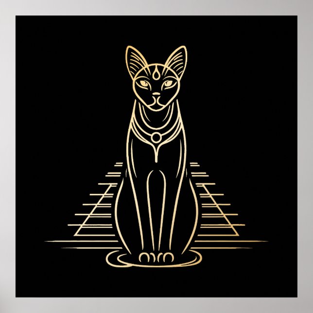 Affiche Bastet, déesse féline égyptienne devant une pyrami (Devant)