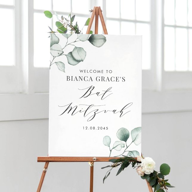 Affiche Bat mitzvah minimaliste d'aquarelle Eucalyptus (Customizable greenery Bat Mitzvah welcome sign featuring watercolor eucalyptus greenery.)
