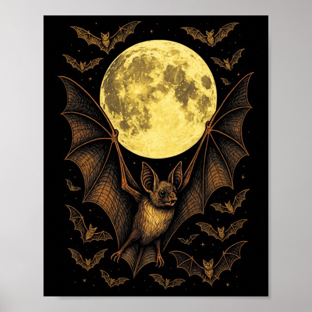 Affiche Bat Moon Halloween Gothique Éffrayant Nature Nuit (Devant)
