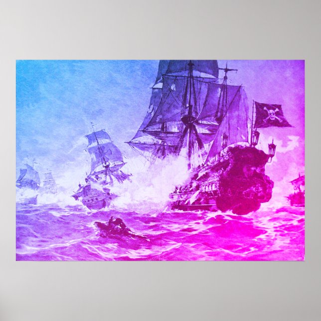 AFFICHE BATAILLE DE NAVIRE PIRATE EN PURPLE BLEU (Devant)