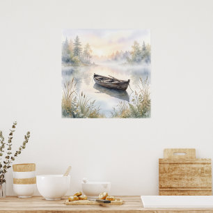 Affiche Bateau à rames aquarelle serein sur un lac brumeux